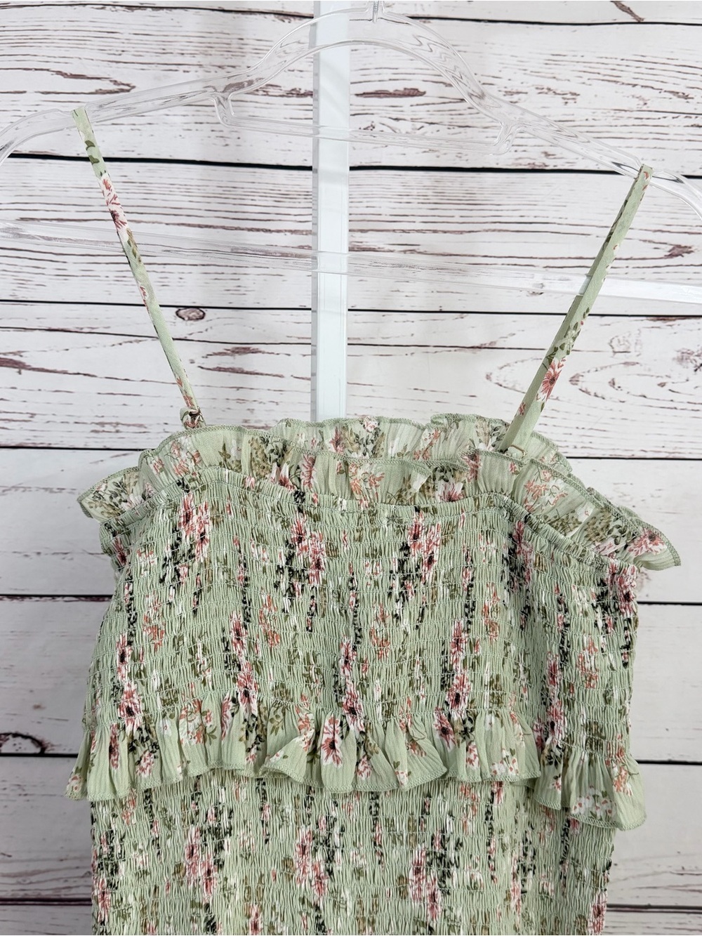 MABLE Light Green Pink Floral Print Smocked Midi Stretchy Tube Dress Size Small - Picture 3 of 11